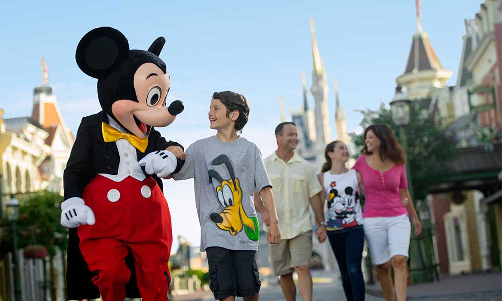 Family Walking With Cast Member In Mickey Mouse Costume